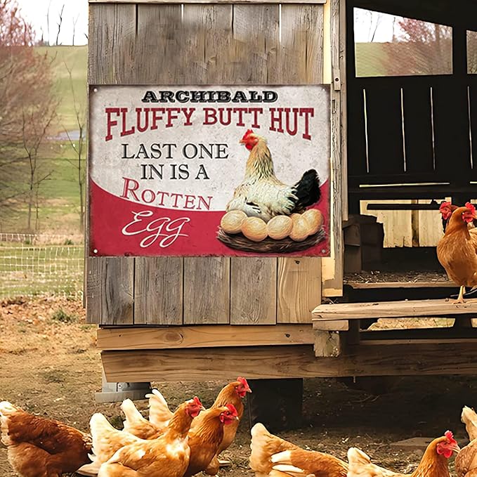Personalized Fluffy Butt Hut Chicken Coop Sign, Custom Farmhouse Metal Sign with Spoiled Hens Wall Art, Funny Backyard Chicken Decor for Coop, Barn, Farm, Rustic Vintage Style DS5
