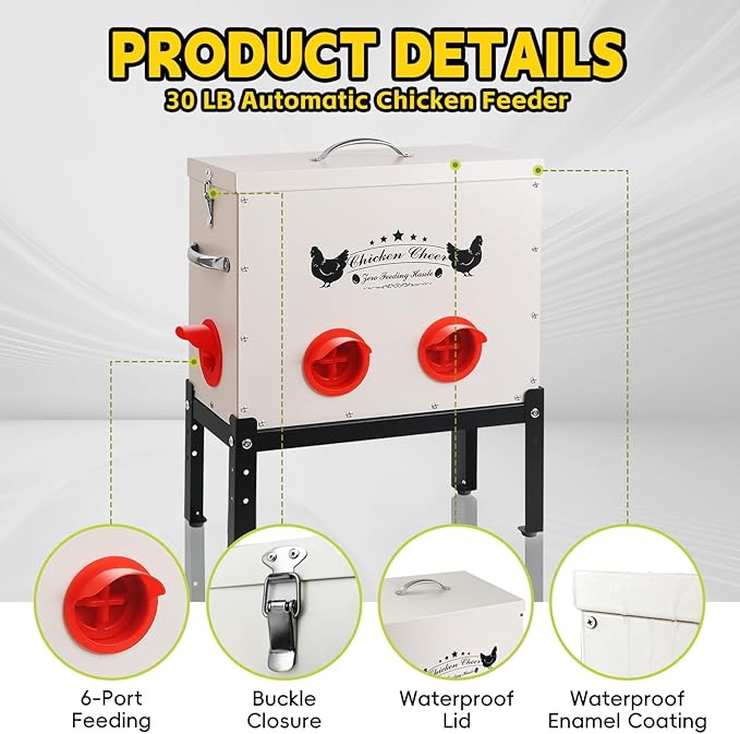 DRQ 30 LB Automatic Chicken Feeder, Metal Chick Feeder with 6 No-Waste Ports, Waterproof Poultry Feeder with Adjustable Legs, Locking Lid & Riveted Handles for Outdoor Chicken Coops