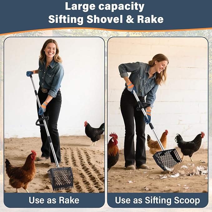 Chicken Poop Scooper, 10 Inch 2 in 1 Stainless Steel Sand Sifting Shovel & Rake with 35" to 62" Adjustable Length, Durable Litter Cleaner with Detachable Handle for Chicken Coop Farm Animal(Black)