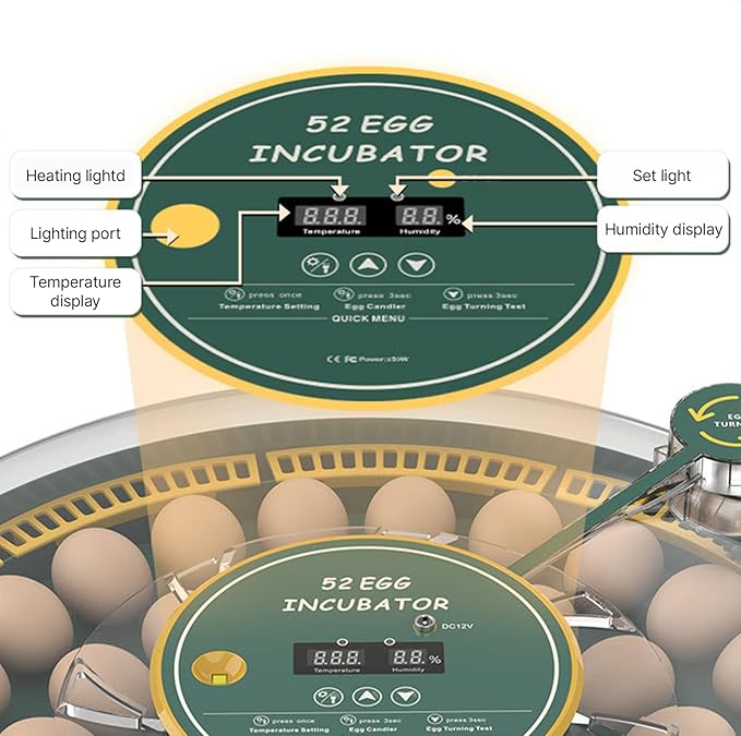 Automatic Egg Incubator for 52 Eggs with Egg Turner & Candler Light - Poultry Hatcher for Chicken Duck Pigeon Bird, External Water Bottle, 60W Household Hatching Machine (19.68 x 3.54 Inch)