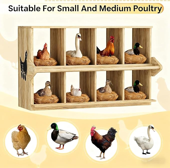 Chicken Nesting Box, 8 Compartment Wooden Nesting Boxes for Chickens with Perches, Floor/Stand/Wall Mount Large Chicken Nesting Boxes for Small & Medium Poultry