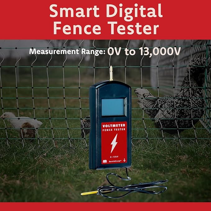 RentACoop Electric Poultry Netting Accessory Set - Includes - 0.38J Solar Fence Charger, 3' Grounding Rod, Gate Handle Kit, and Voltmeter Fence Tester