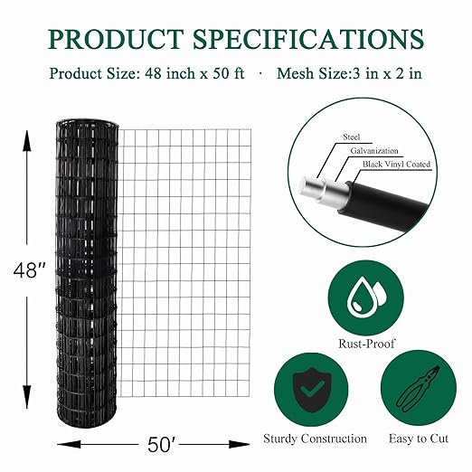 Black PVC Coated Welded Wire Fence 48 Inch x 50 Foot, 2 Inch x 3 Inch 16GA, Garden Border Fencing Roll Vinyl Coating Metal Wire Mesh for Yard Vegetable Plant Protection Poultry Netting