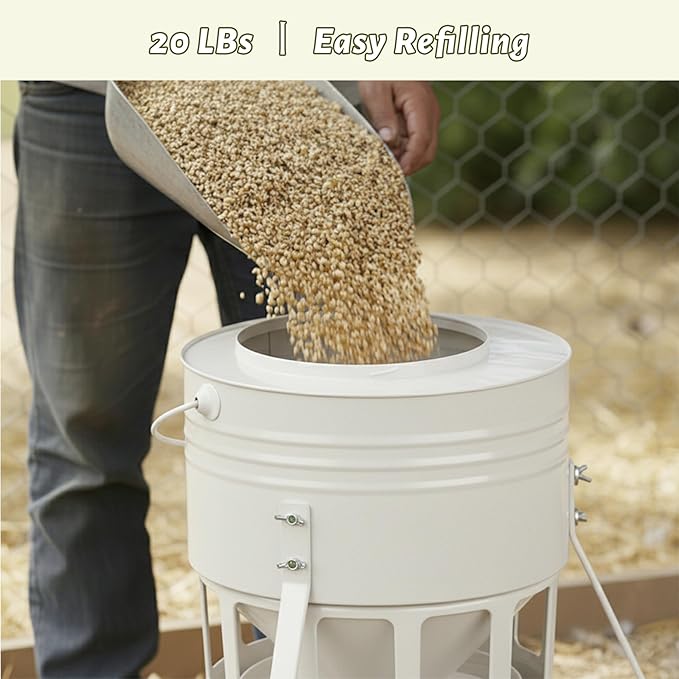 KOL Metal Chicken Feeder - 20lbs No Waste Chicken Feeder with 12 Ports, Powder Coated Rust-Proof Design & Smooth Edges for Safe Feeding (Jade White)