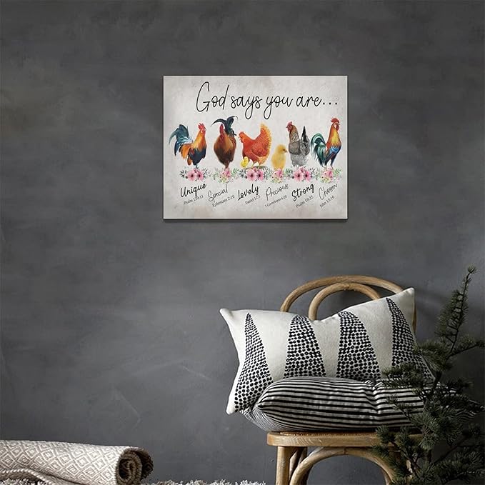 Rooster Kitchen Decor Wall Art Rustic Farmhouse Chicken Pictures Wall Decor Country God Says You Are Canvas Prints Framed Artwork Home Office Decorations For Bathroom Dinning Room 16"x12"