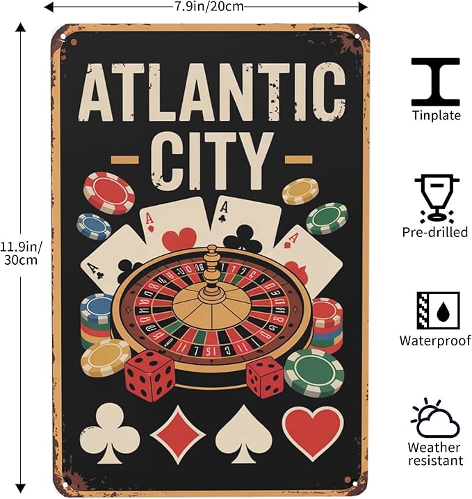 Novelty saying wall decor featuring Atlantic City Metal Tin Sign Game Room Bar Decor Perfect For Hanging In Casino Basement Rustic Vintage Finish Gift For 8x12 inch metal sign for living room wall