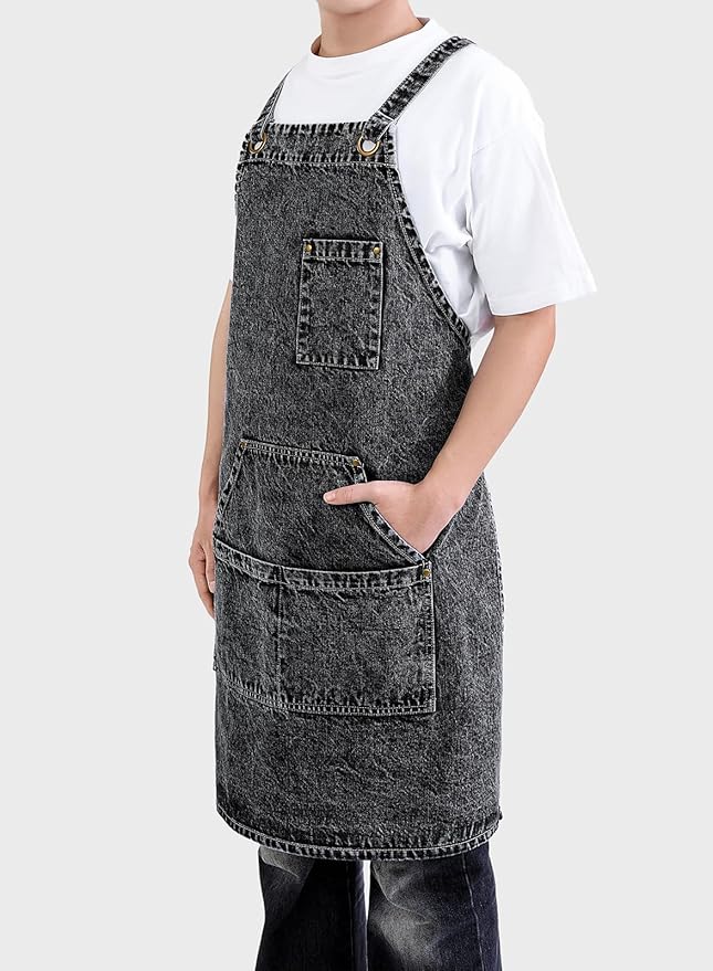 Cotton Denim Apron Soft - Unisex Adjustable Bib Apron with 5-Pockets Perfect for Kitchens