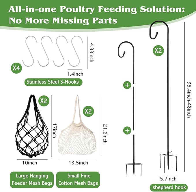 10 Pcs 2 Sets Hanging Chicken Feeder Chicken Coop Toys Accessories Include Dual Size Poultry Vegetable Fruits String Bag Heavy Duty Shepherd's Hook Veggie Treat Ball for Hen Goose Duck