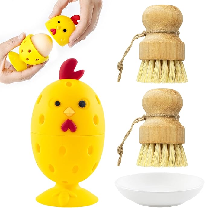 Silicone Egg Brush Cleaner,Multipurpose Fresh Eggs Fruit and Vegetable Rotating Scrubber Tool,and Sisal Wooden Brush with Ceramics Holder Reusable Cleaning Tools for Cleaning Eggs&Vegetables, Pans