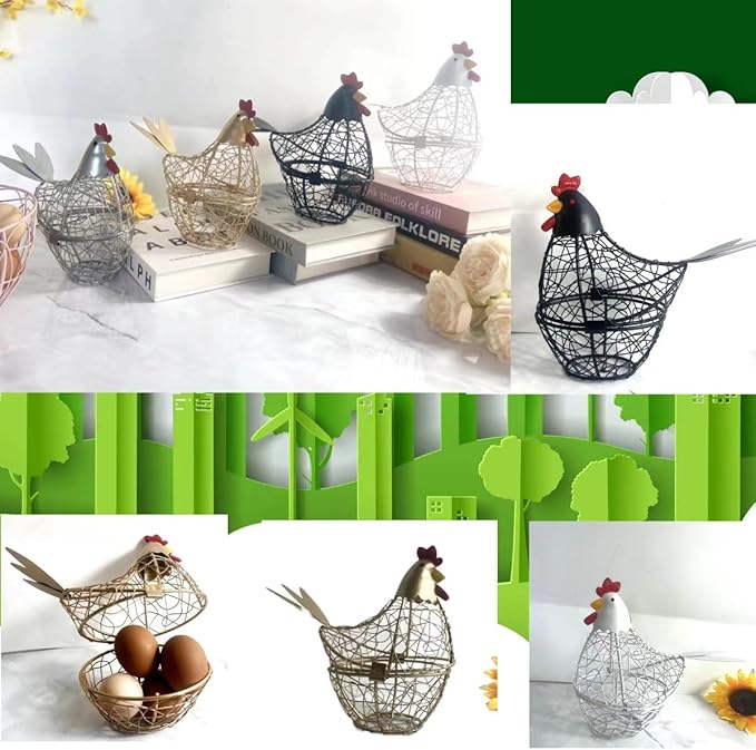 Chicken Wire Egg Basket Egg Holder Farmhouse Rustic Vintage Rooster Decor Chicken Shaped Egg Basket Fruit Storage Wire Basket For Collecting And Countertop Storing Egg (Yellow)