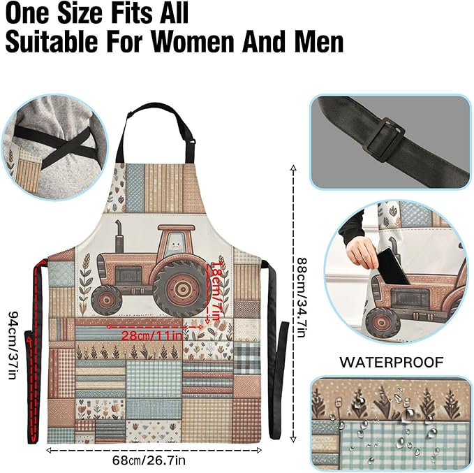 Vintage Checkered Farm Tractor Apron, Aprons for Women with Pockets - Adjustable Apron for Men Cooking Gardening Baking