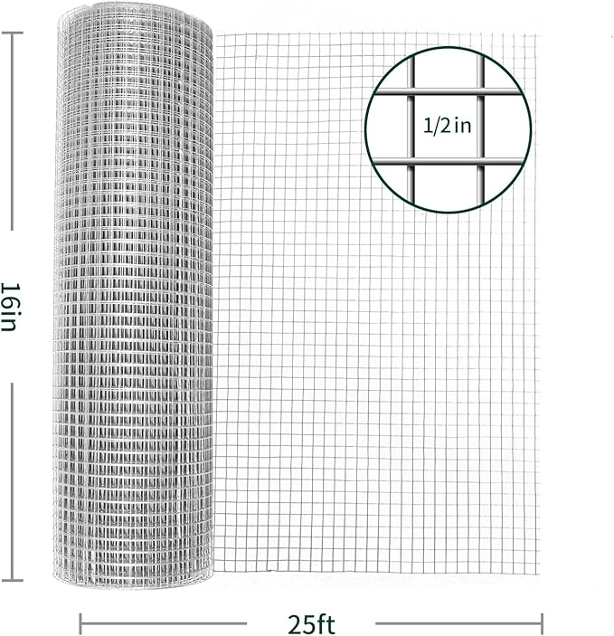 Hardware Cloth 1/2 inch, 19 Gauge 16inx25ft Chicken Wire Fence Wire Mesh Fence Galvanized Hardware Cloth Mesh for Poultry Netting, Garden Fencing, Tree Guard Rolls and Rabbit Cages Snake Fence