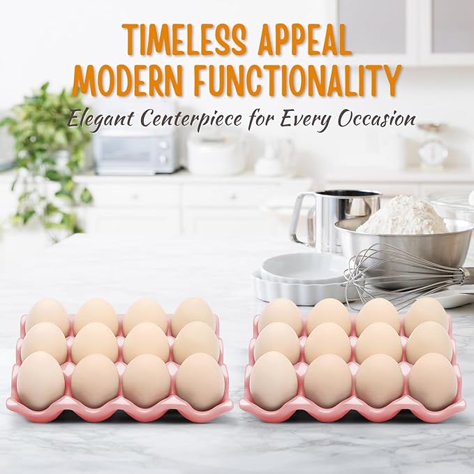 Flexzion 12 Cups Ceramic Egg Holder for Fridge - Dozen Ceramic Egg Tray Porcelain Container Storage Organizer Decorative Serving Stand Serveware for Refrigerator Countertop Display (Pink, 2 Pack)