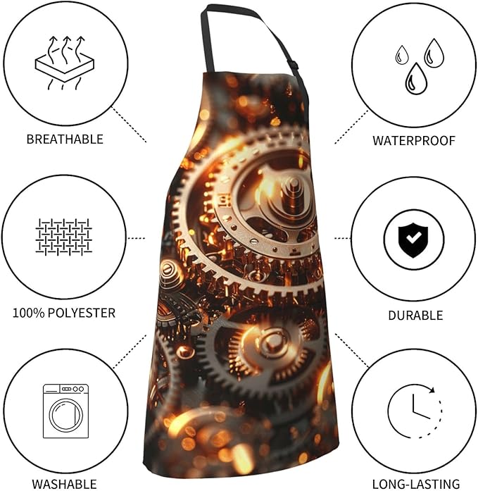 Kitchen Aprons for Men Women Waterproof Apron with 2 Pockets Cool Steampunk Gears Apron Adjustable Bib Aprons