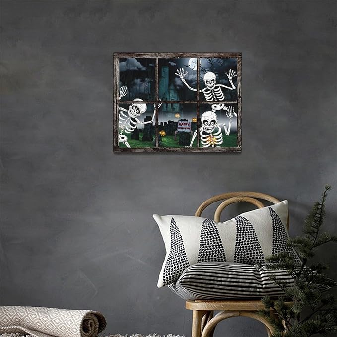 Halloween Wall Art Skeleton Pictures Wall Decor Skull Canvas Prints Framed Artwork Gothic Ghost Home Decor Office Decorations for Bathroom Living Room Bedroom Dinning Room 16"x12"