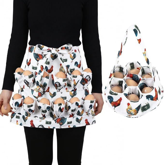 Egg Collecting Apron and Basket, 12 Pouches Chicken Egg Apron, 7 Pouches Chicken Eggs Basket, Collector Chicken Eggs