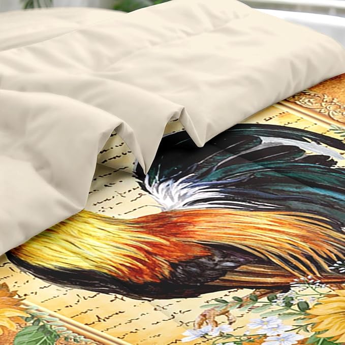 Comforter Set King Size, Rooster Vintage Chicken 7 Pcs Bedding for Kids and Adults, Sunflower Flower Farm Bed Sheet Sets with Fitted Sheet 2 Pillowcases & 2 Shams for Bedroom Bed Decor