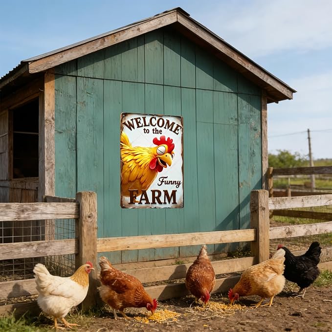 Funny Sign Rooster Decor Welcome To The Funny Farm Rustic Tin Sign for Home Farm Chicken Coop Decor 12x8 Inch