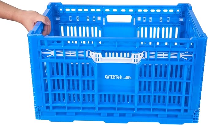 Restaurantware Plastic Milk Crates for Storage - 10 Pack - Cater Tek Stackable Storage Buns for Organizing - Collapsible Storage Basket for Groceries, Home Supplies, Blue