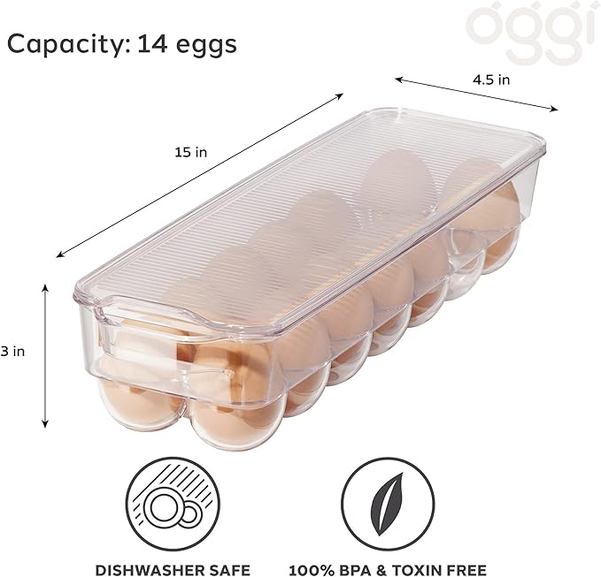 OGGI Stackable Covered Egg Holder - Kitchen Organization, Fridge Organizer, Food Storage, Clear Stackable Storage Bins, 14 Egg Tray