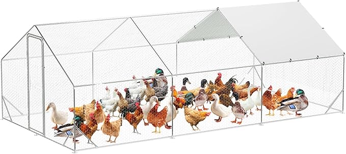 Large Metal Chicken Coop, Walk-In Poultry Cage, Chicken Run Pen House With Reinforcement & Waterproof & Anti-Ultraviolet Cover Chicken Coop Run With Double Lockable Doors for Outdoor 9.8 x 19.7X 6.6ft
