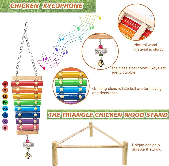 9 Pack Chicken Toys for Coop Accessories, Chicken Enrichment Toys with 2 Swing, 1 Wood Stand, 1 Xylophone, 1 Mirror, 2 Vegetable Net Bag, 2 Vegetable Fruits Hanging Fork