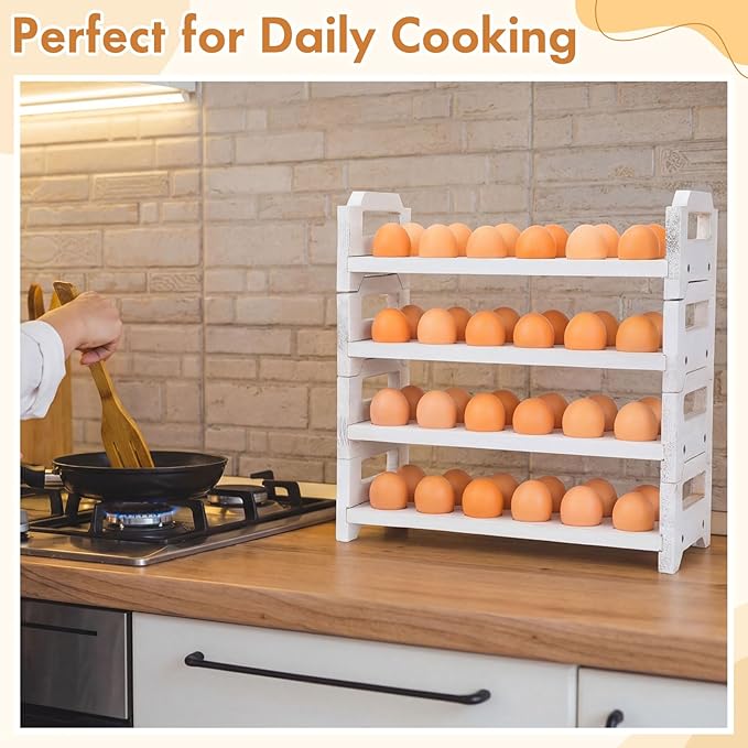 4 Tier Wooden Egg Holder for Countertop, Stackable Fresh Egg Storage Farmhouse Collecting Rack for Gathering Kitchen Organizer Duck Eggs Display, Stackable with 72 Eggs (White,Pine)