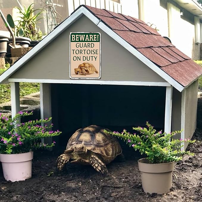Tortoise Habitat Accessories Turtle Enclosure Decor - Outdoor Habitat Setup for Sulcata Tortoise, Beware Guard Tortoise On Duty Metal Tin Sign Gifts for Tortoise Lovers 8x12 Inch