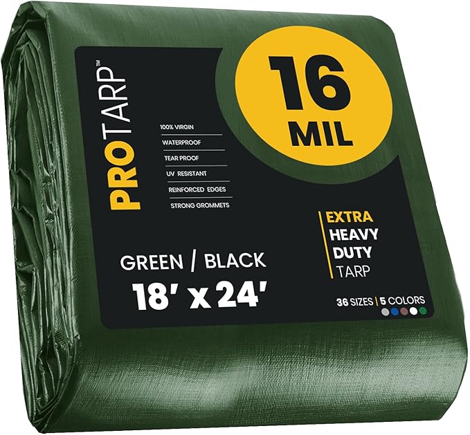 PROTARP Extra Heavy Duty 16 Mil Tarp Cover, Waterproof, UV Resistant, Rip and Tear Proof, Poly Tarpaulin with Reinforced Edges for Roof, Camping, Patio, Pool, Boat. (Green/Black 18′ X 24′)