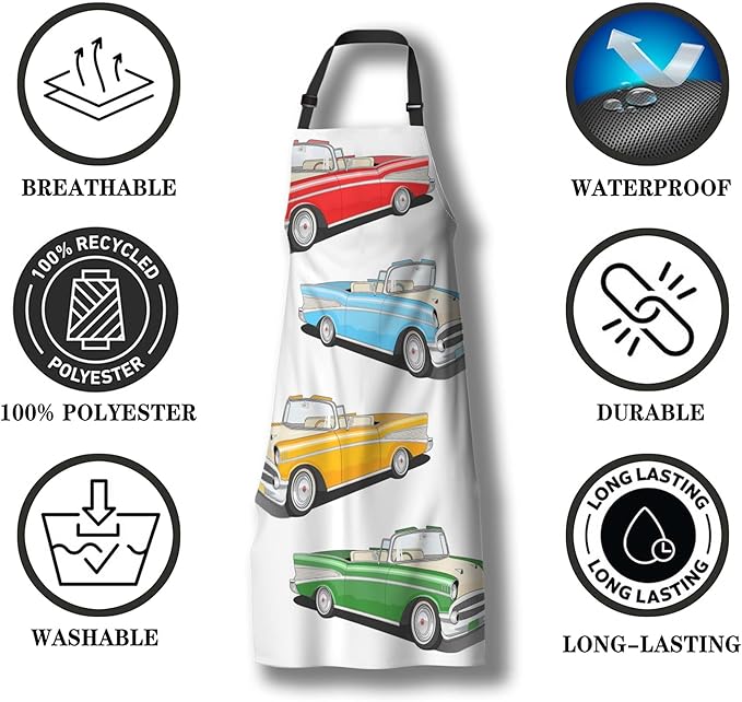 Apron for Cooking for Women Vintage Car Kitchen Aprons for Men for Kitchen Cooking Restaurant BBQ Painting Crafting Gardening 27” (W) x 31” (H), Waterproof Aprons