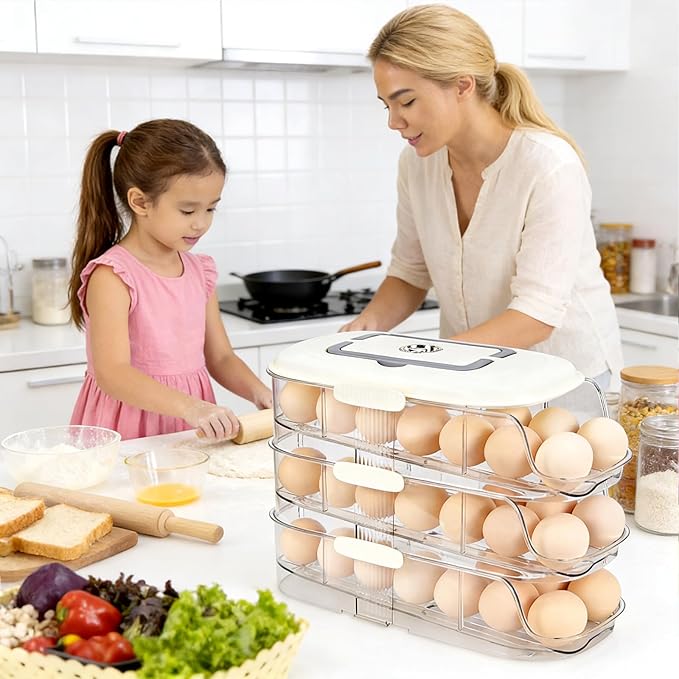 Egg Dispenser for Refrigerator, 3-Layer Clear Plastic Egg Holder Adopt Transparent PET Material & Hidden Handle Design – Egg Organizer for Refrigerator with Cover Lock Buckle (Capacity of 42 Eggs)