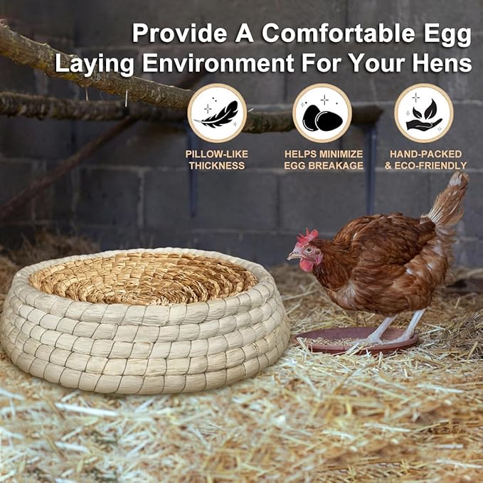 Chicken Nest for Chicken Coop, Handmade Woven Flat Base Straw - 2 Pack 15.5"x15.5"x3.5" Premium Laying Hen Nesting Pads (2 nest)