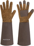 HANDLANDY Long Gardening Gloves for Men & Women, Cowhide Leather Rose Pruning Gloves- Breathable & Durable Gauntlet Glove (X-Large, Brown)