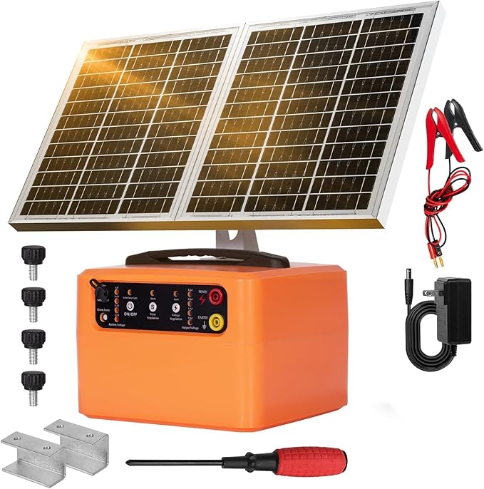 30 Miles/48km Solar Electric Fence Charger,15W Solar Powered Fencer with Adjustable 6KV to 12KV Output (0.3J-1.5J),Battery Level LCD Display,All-Weather Kit for Livestock,Deer,Farm,Yard