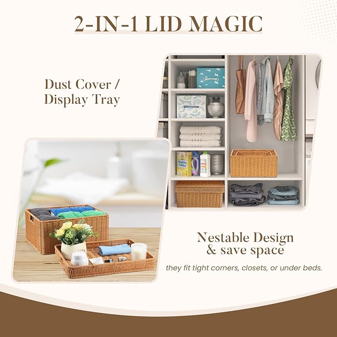 Wicker Storage Basket with Lid - Woven Storage Basket for Organizing,Rectangular Decorative Boxes Bins with Lids for Shelves,living room, Nursery, 2-Piece Set(Light Brown)
