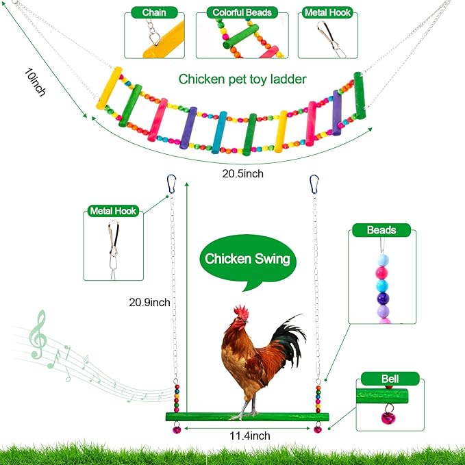 9 Pack Chicken Toys for Coop Accessories - Chicken Xylophone Toy, Chicken Mirror, Chicken Ladder Bridge, Coop Swing, Vegetable Hanging Chicken Feeder, Chewing Foraging Toys, Gifts for Hens