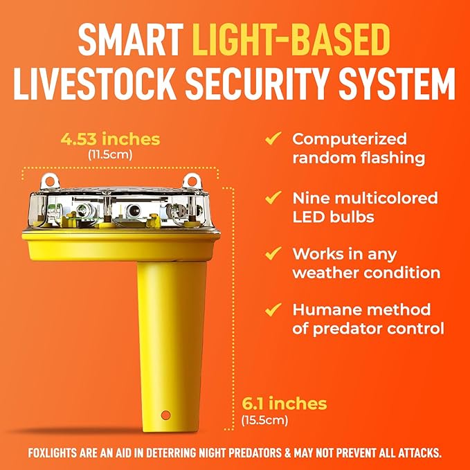 Solar Foxlights Predator Deterrent 9-LED Night Wildlife Repeller with 360° Coverage, Random Flashing Colors – Humane, Solar or Battery-Powered Protection for Chickens, Goats, Gardens Farms & Vineyards