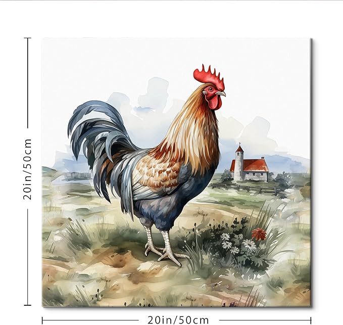 Framed Chicken Wall Art 16x16 Inch Rooster on Flower Stand Canvas Print Farmhouse Country Style Artwork for Kitchen Living Room Rustic Home Wall Decor (Rooster and farmhouse, 24L×24W)