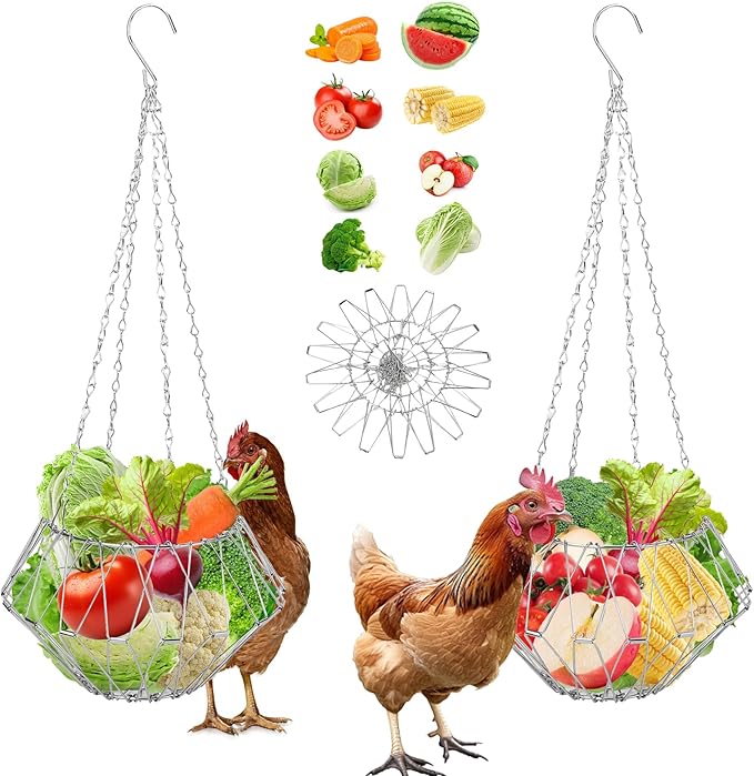 2PCS Hanging Chicken Feeders Baskets, Foldable Chicken Toys for Coop Vegetables Fruits Hanging Feeder, Vegetable Basket, Fruit Flower Basket with17inches Chain for Gooses Duck Farm House(2PCS)