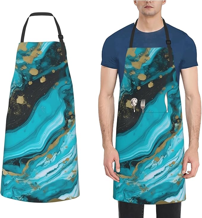Aprons for Women with Pockets Waterproof Apron Adjustable Bib Turquoise Blue Gold Marble Apron Chef Apron