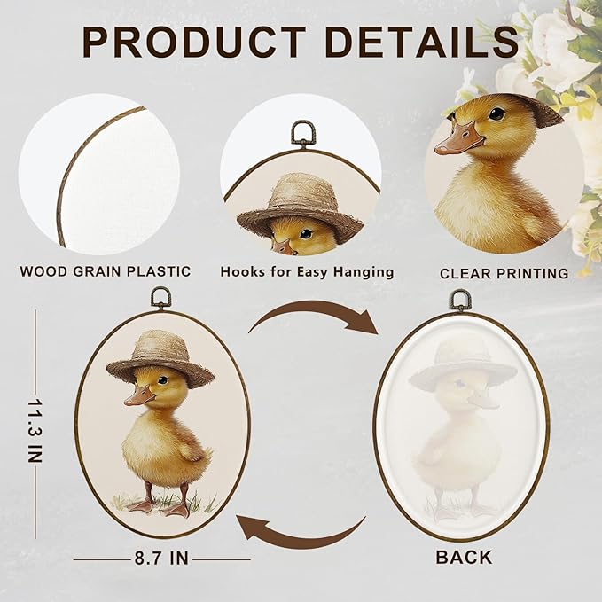 dvhdajed Vintage Funny Duck Oval Wall Art Decor,Neutral Nursery Mallard Duck Framed Canvas Art,Country Farmhouse Ducks Oval Wall Hanging Decor for Nursery Living Room Kitchen Bedroom，8.7x11.3 Inch