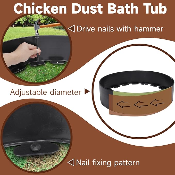 BJADE'S Adjustable Chicken Dust Bath Tub,25'' D * 5.9'' H, Bottomless Design,Chickens Coop Accessory,Chicken Cage Lime Container for Chickens,Ducks,Turkeys,Quails for Chicken Coops