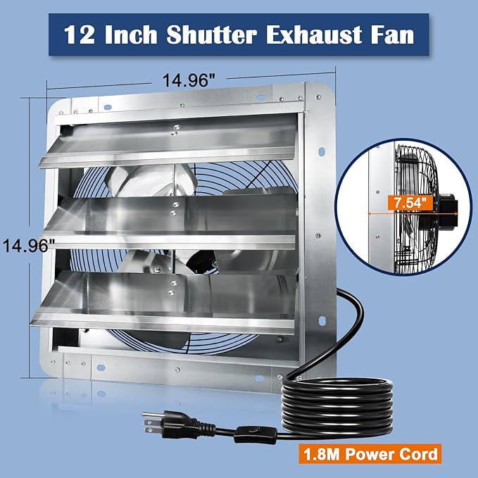 Hiorucet 12 Inch Wall Mounted Shutter Exhaust Fan with 1.8m Power Cord, 1030CFM High Speed Low Noise Aluminum Louvered Exhaust Fan for Greenhouse, Garage, Shop, Attics, Chicken Coop Ventilation Fan.