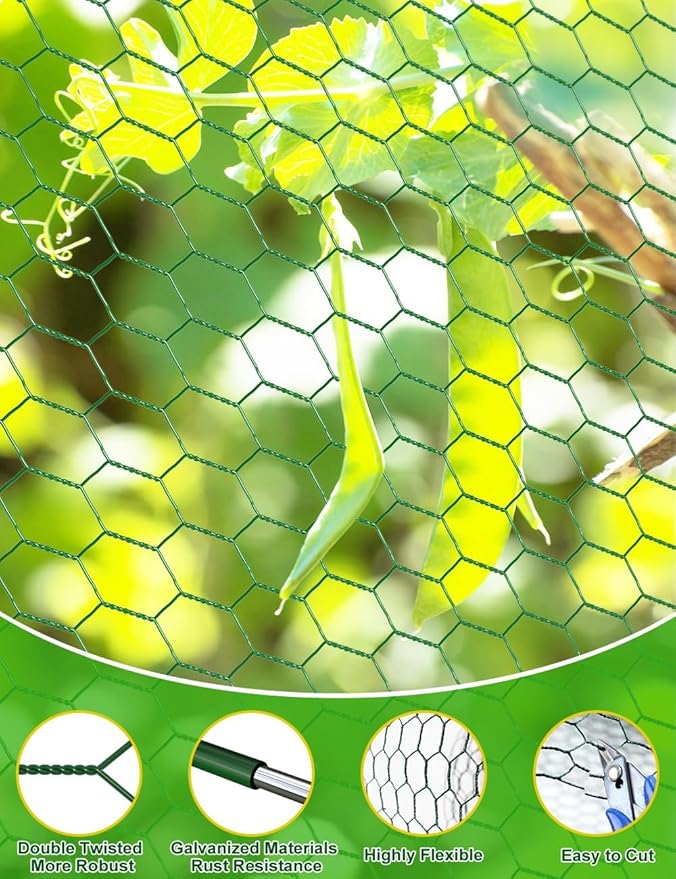TOYPOPOR Chicken Wire, 16''x 600''/49ft Mesh Roll for Floral Arrangements, Anti-Rust PVC Coated Garden Netting, Rabbit Animal Fence with Cutting Plier, Gloves and Ties for DYI Crafts, Poultry, Garden