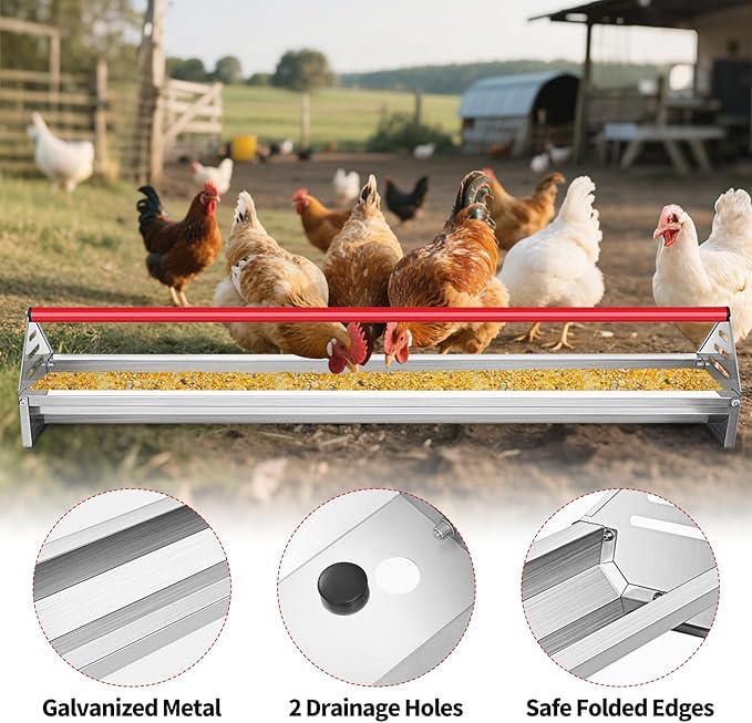 RYFT Chicken Feeding Trough 45", Heavy Duty Galvanized Steel Chicken Feeder with Red Crossbar, Holds 12 Chickens with Drainage Holes, Large Capacity Poultry Feeder Trough for Duck Geese Turkey Pigeon