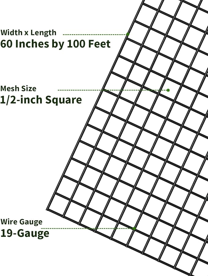 Hardware Cloth 1/2 inch Mesh 60'' x 100' 19-Gauge, Black Vinyl Coated Chicken Wire Mesh Roll, Welded Wire Fencing, Chicken Wire Fencing, Garden Fencing, Vegetable Garden