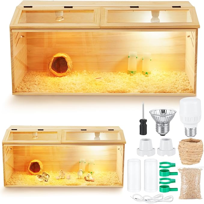 32 x 16 x 16 in Brooder Box for Chicken Quails Stand Sliding Door, Bulb Set and Feeder, Indoor Chicks Coop Brooder Box Kit, for Ducks, Hamsters, Lizards, Mice, Rat(No Legs, Wooden)