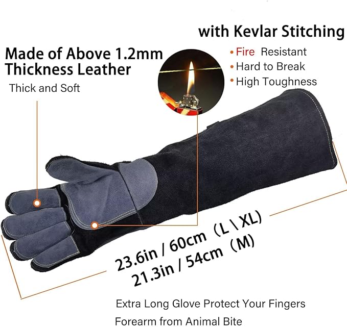 23.6 In Leather Welding Gloves for Animal Handling,Grabbing Reptile, Grooming,Trips to Vet,BBQ,Fireplace.Puncture & Scratch Resistant, Bite Proof for Cat Dog Bird Falcon Livestock Snake L Black