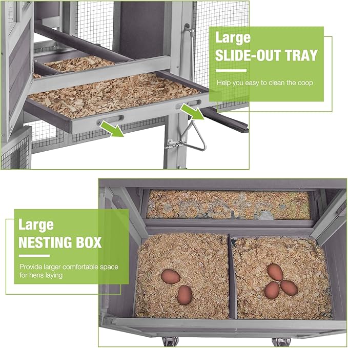 GUTINNEEN Chicken Coop with Wheels Portable Hen House for 4-6 Chickens with Large Run, Nesting Box, Metal Tray, 74.9"