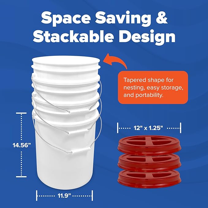 ePackageSupply 5 Gallon White Bucket with Red Gamma Seal Screw on Airtight Lid | Made in USA | Food Grade | Heavy-Duty HPDE Plastic | Durable 90 Mil Pail | Easy Stack and Store | BPA Free (3 Count)